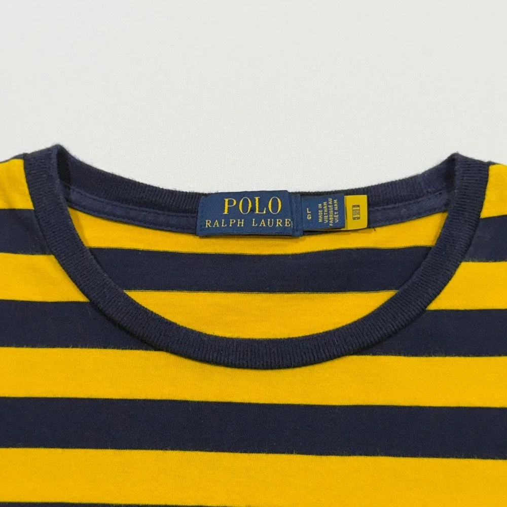 Polo Ralph Lauren T Shirt Mens Large L Yellow Navy Blue Striped Crewneck Skater